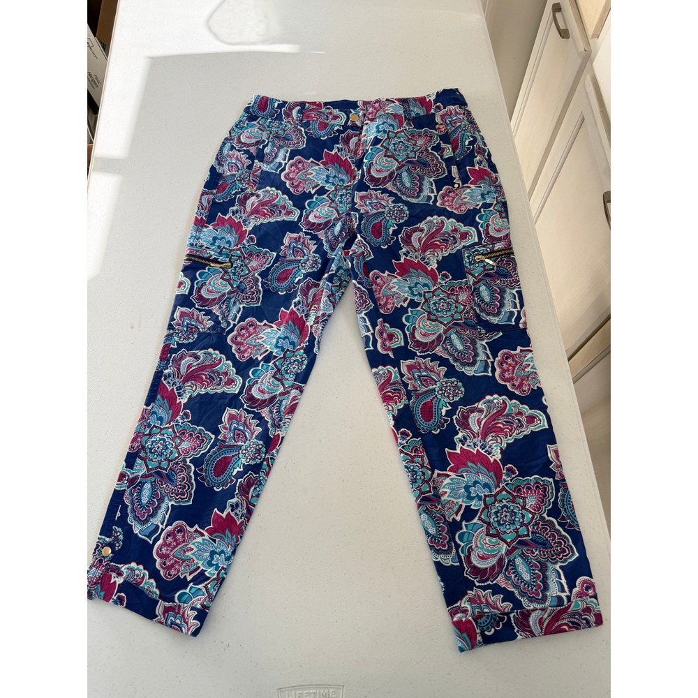 Chicos Womens Size 0.5 Paisley Print Cropped Pants Blue Magenta Gold Zip Pockets